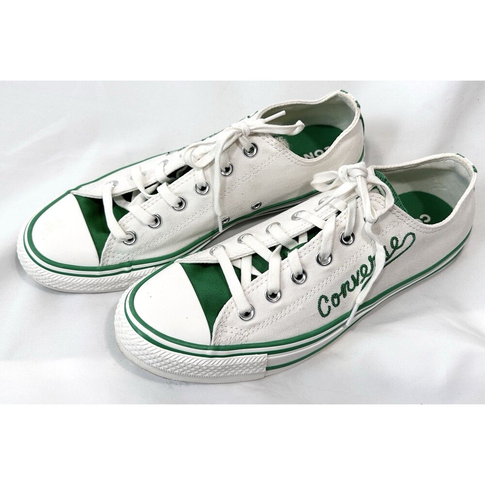 Converse White Low-Top Canvas Sneakers with Green Accents